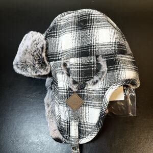 Comhats Trapper Hat Fitted Mens Medium Black Plaid Faux Fur Winter Outdoor